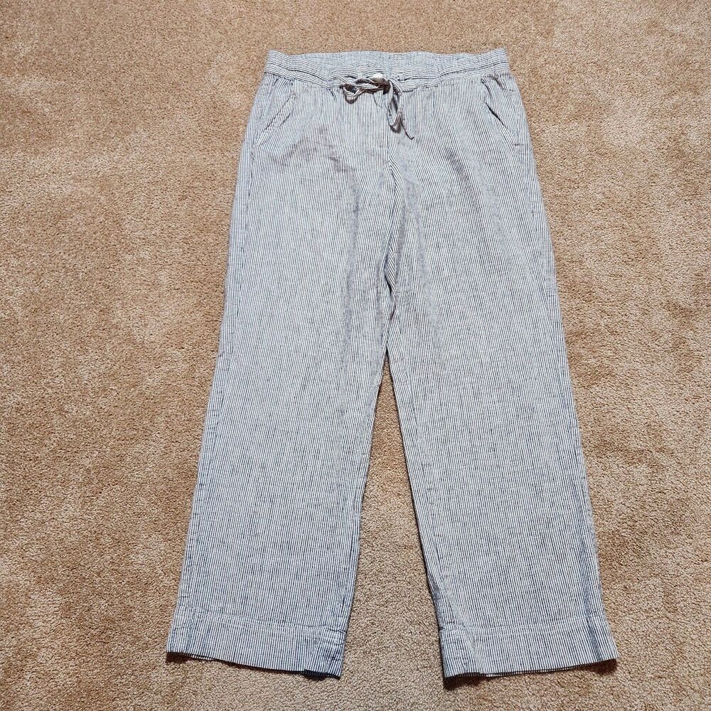 Talbots Wide Leg Pants 8P Blue White Striped Linen Blend Mid Rise Drawstring